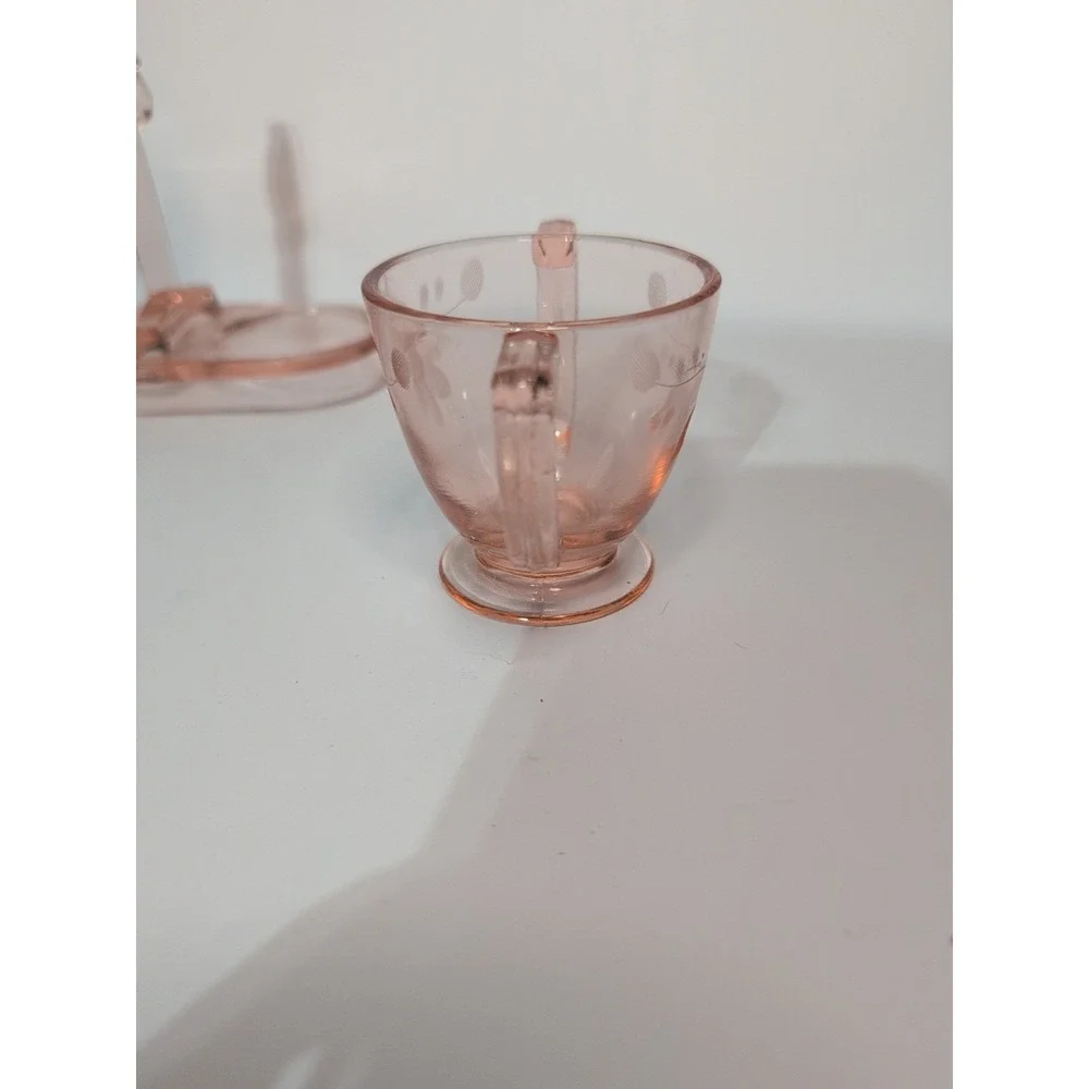 Pink Depression Etched Glass 3-Piece Set: Sugar, Creamer, &  tray coffee tea